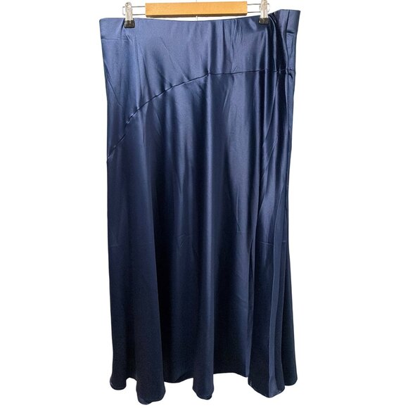 PrettyGarden Womens Midi Satin Skirt Navy Blue XXL Elegant A-Line - Picture 6 of 12